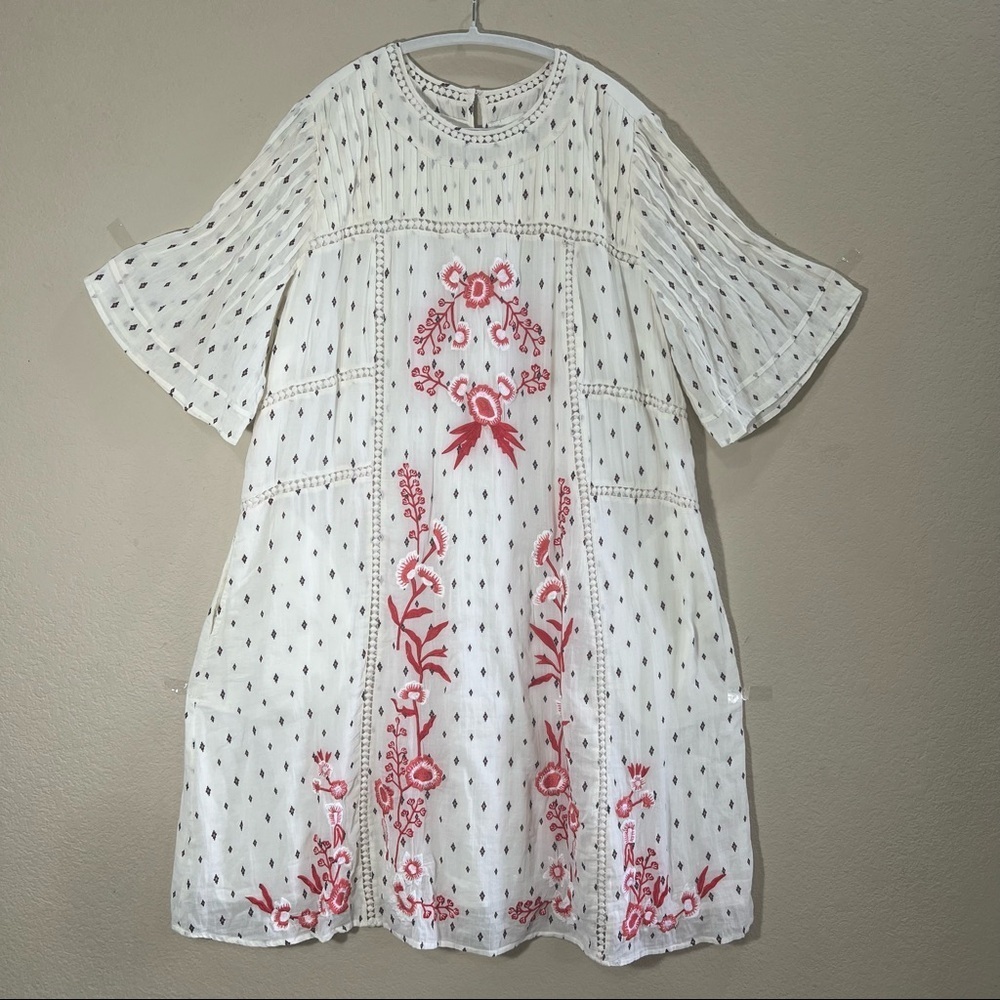 Women’s 100% Cotton Cream Embroidered Floral PTP 22” Midi Dress Boho Peasant EUC